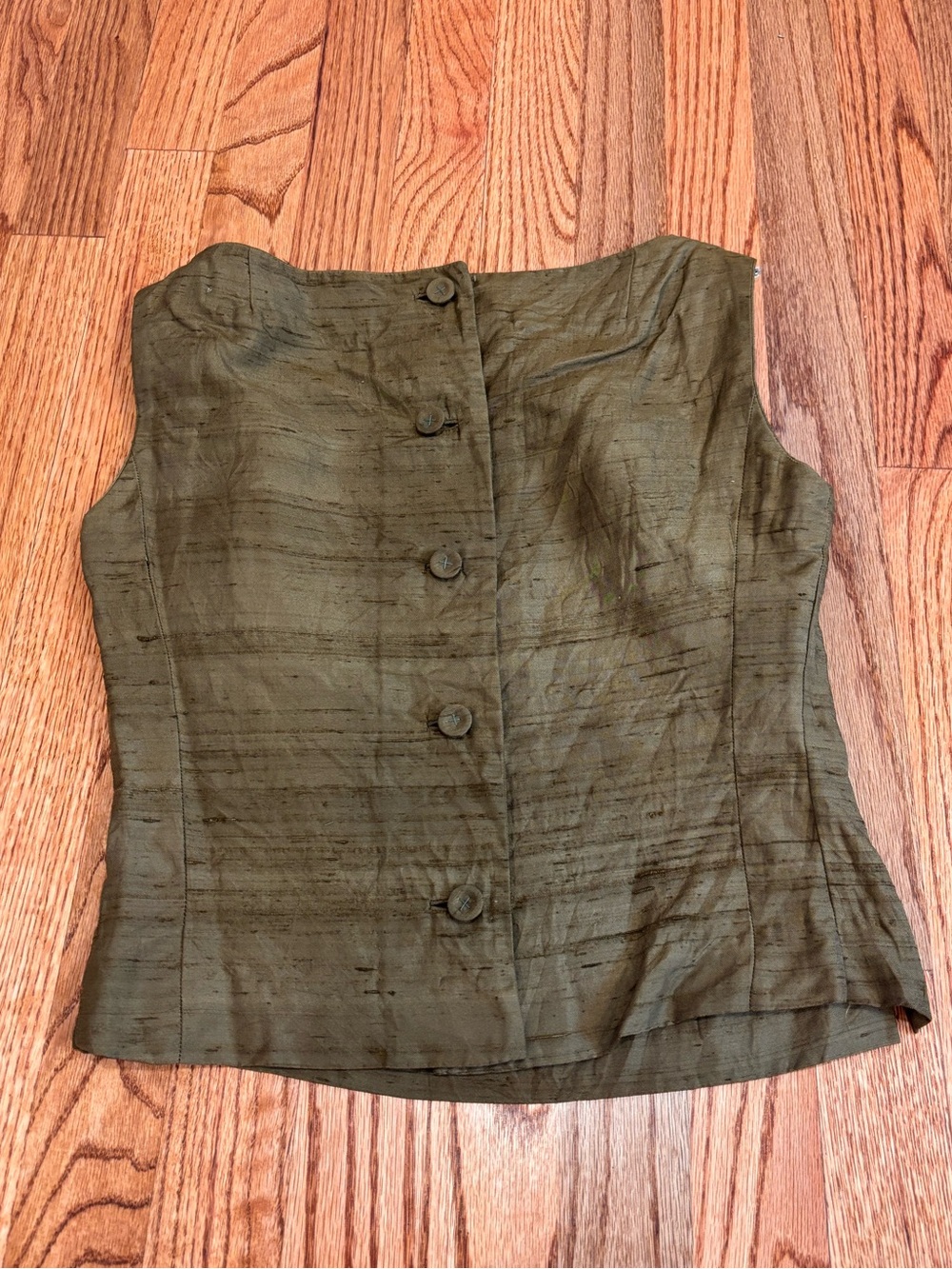 Vintage Dynasty 100% Silk Olive Green Sleeveless Blouse Made in Hong Kong Sz 10